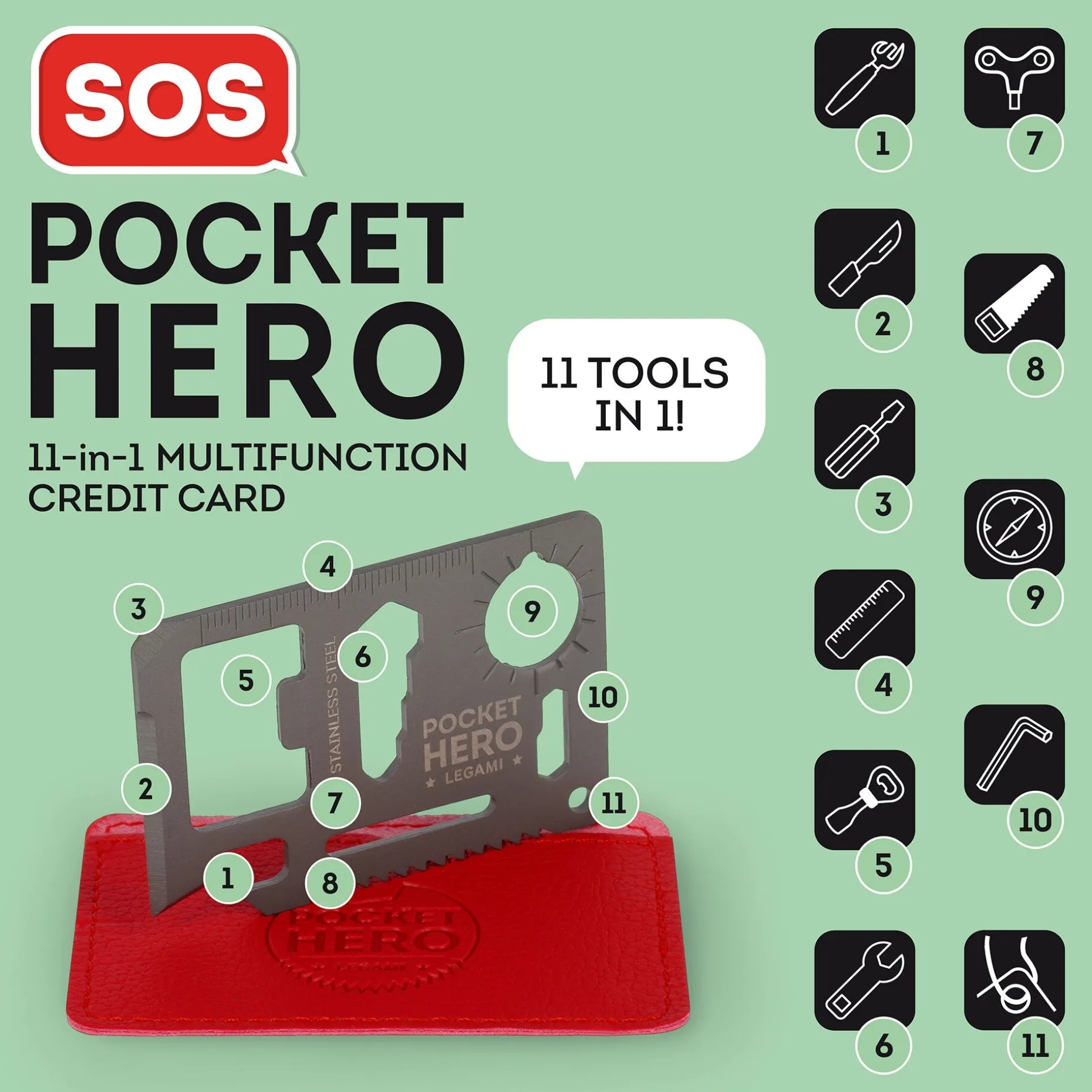 Carta Multifunzione in Acciaio 11 In 1 - SOS Pocket Hero