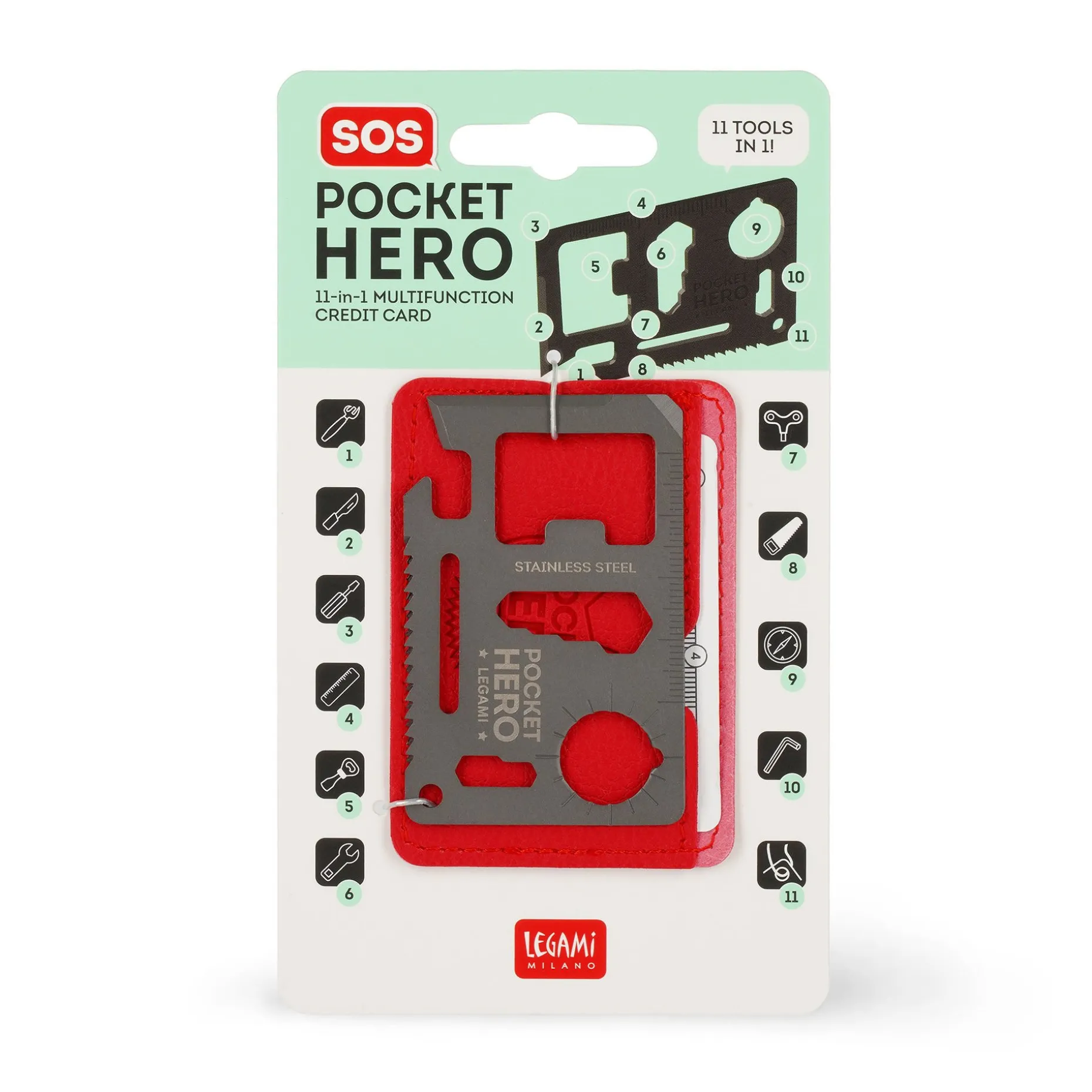 Carta Multifunzione in Acciaio 11 In 1 - SOS Pocket Hero